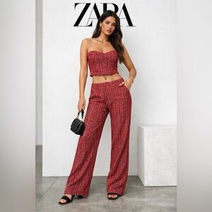 NWT ZARA Red Tweed Two-Piece Set Strapless Bustier Top & Wide-Leg Pants Small